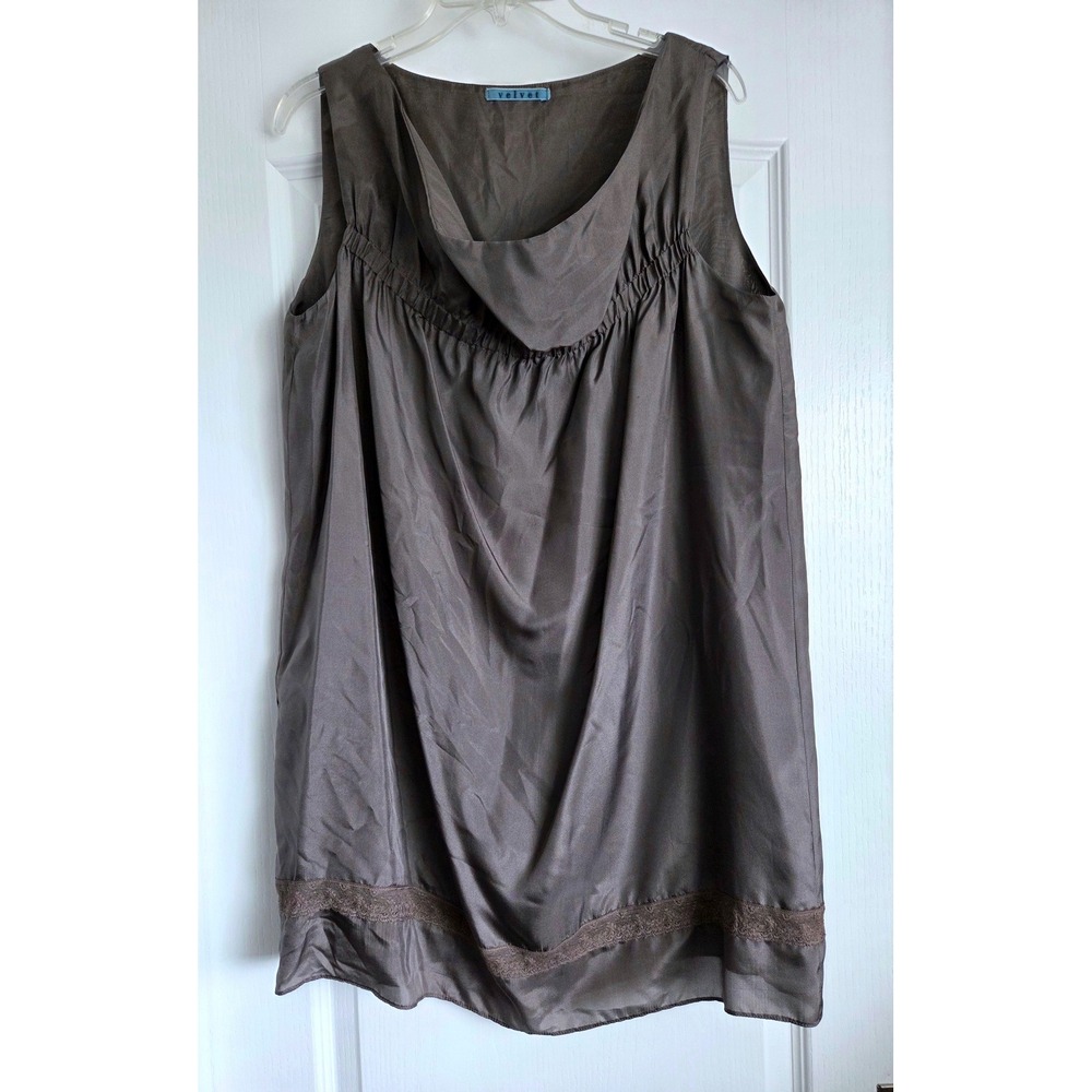 Velvet Graham Spencer Brown Silk Cowl Neck Lace Sleeveless Babydoll Dress Sz L